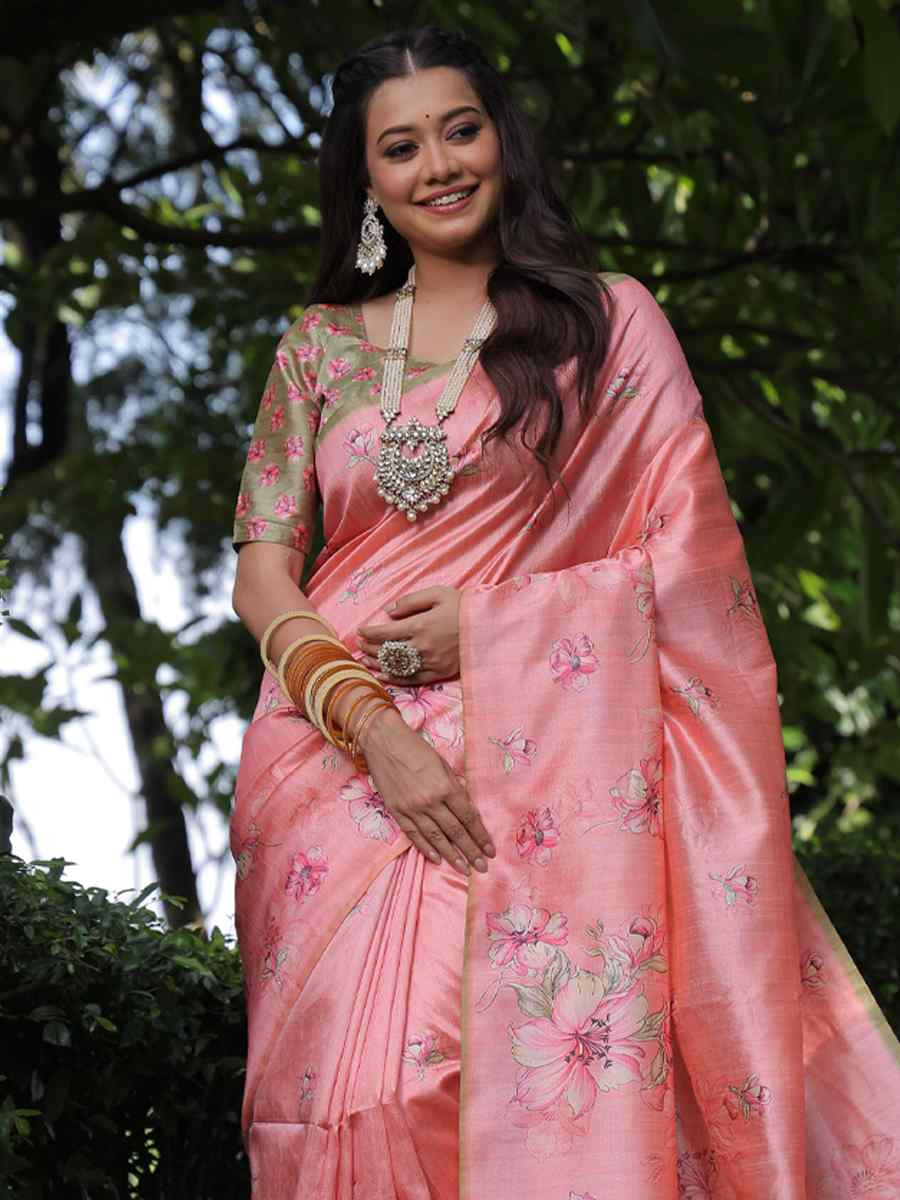 Pink Soft Tussar Silk Handwoven Festival Casual Classic Style Saree