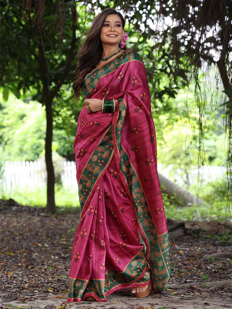 Pink Soft Tussar Silk Handwoven Festival Wedding Heavy Border Saree