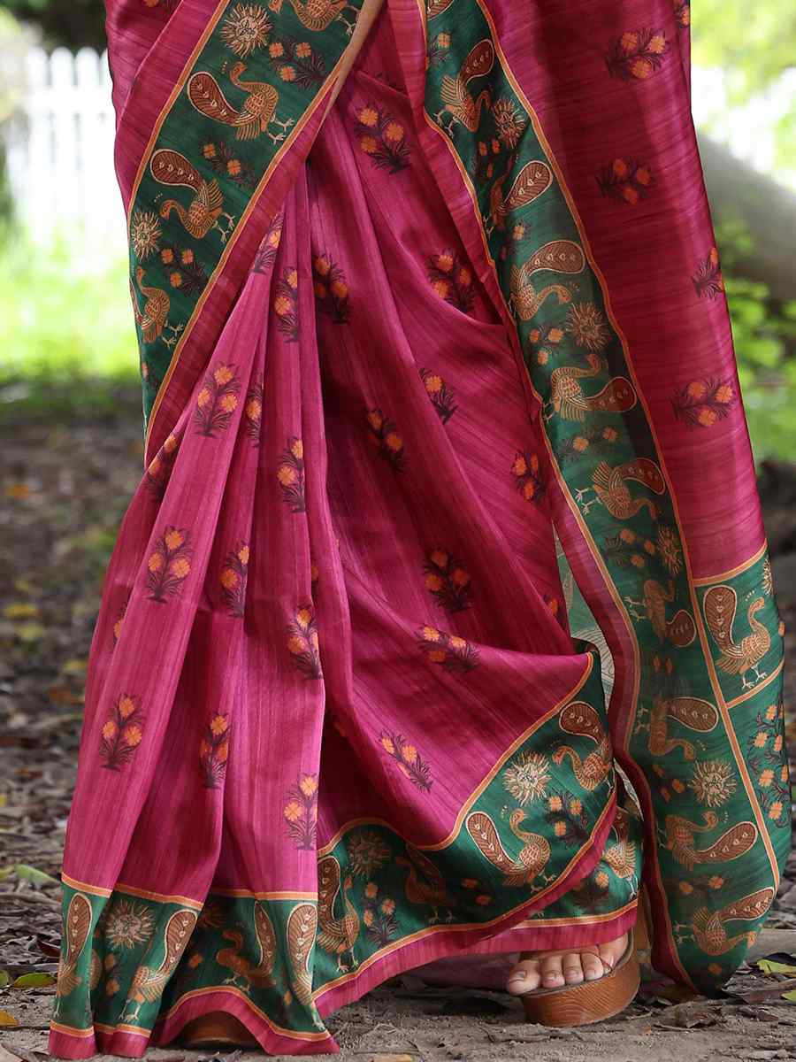 Pink Soft Tussar Silk Handwoven Festival Wedding Heavy Border Saree