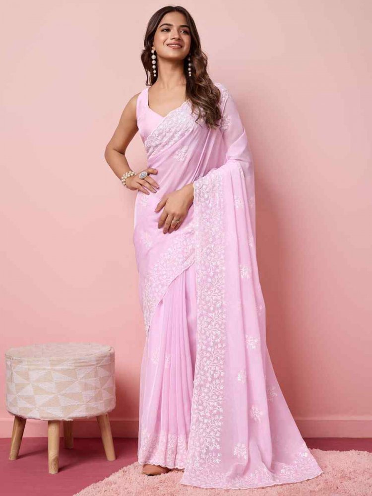 Pink Taby Silk Embroidered Wedding Festival Heavy Border Saree