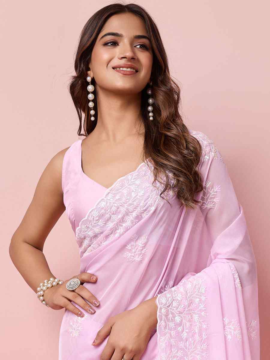 Pink Taby Silk Embroidered Wedding Festival Heavy Border Saree