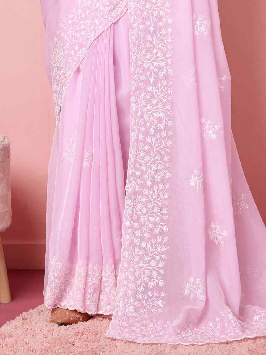 Pink Taby Silk Embroidered Wedding Festival Heavy Border Saree