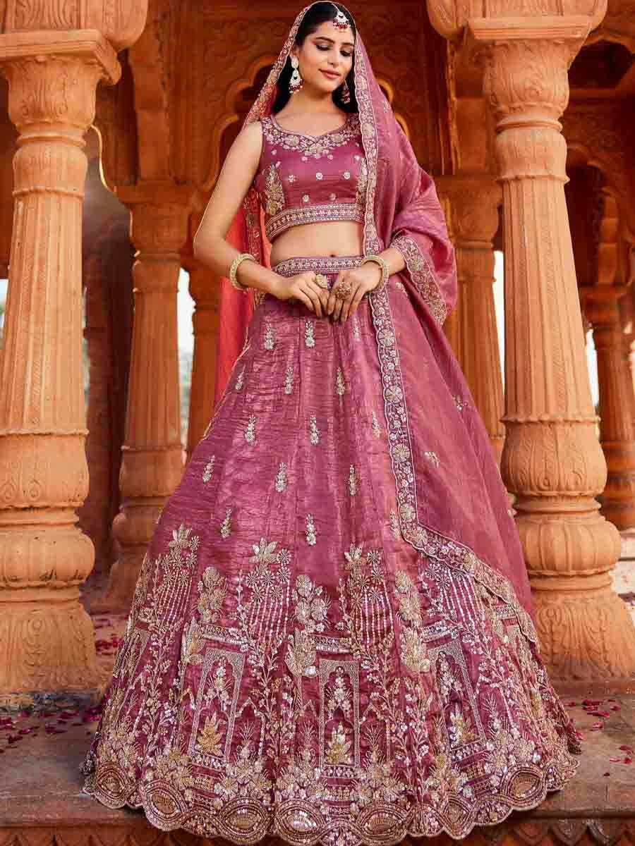 Pink Tissue Embroidery Reception Party Wear Heavy Border Lehenga Choli