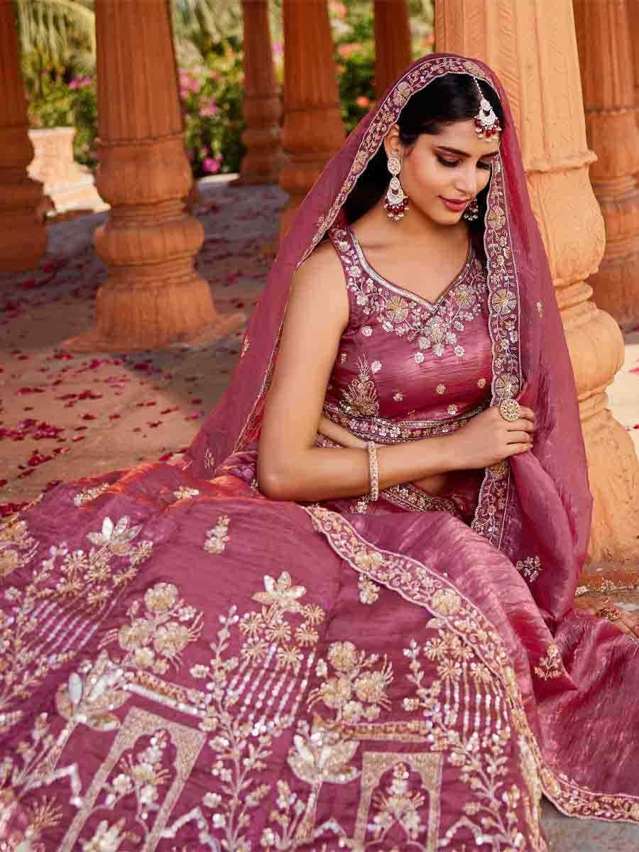 Pink Tissue Embroidery Reception Party Wear Heavy Border Lehenga Choli