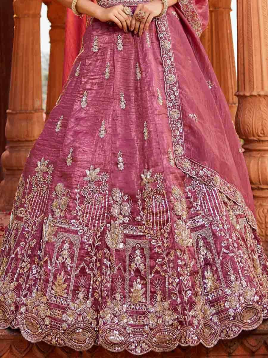 Pink Tissue Embroidery Reception Party Wear Heavy Border Lehenga Choli