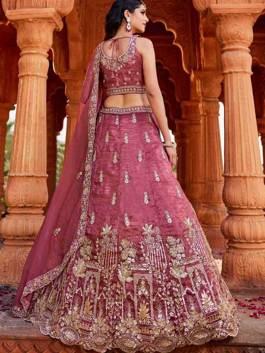 Pink Tissue Embroidery Reception Party Wear Heavy Border Lehenga Choli