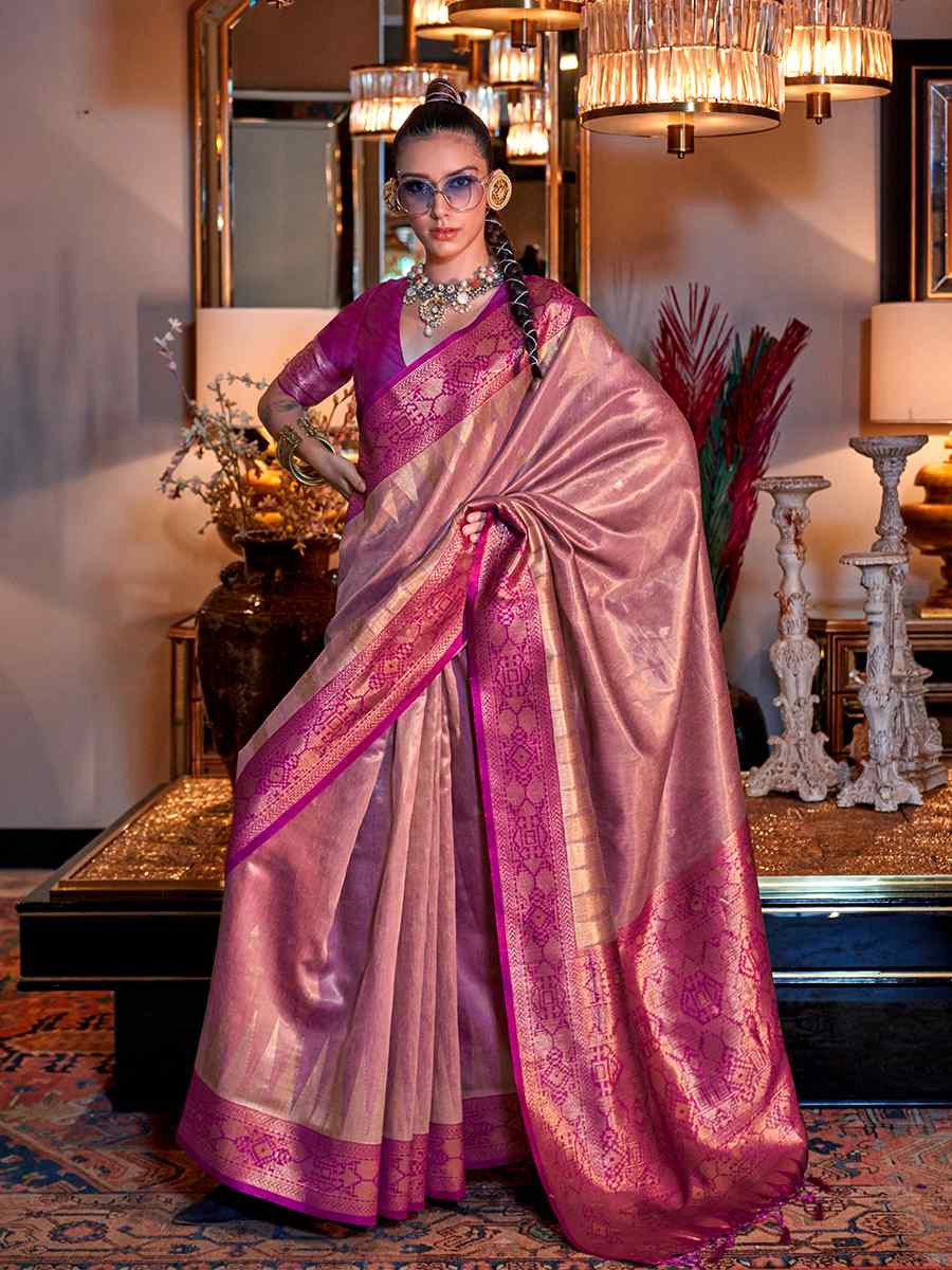 Pink Tissue Handwoven Festival Wedding Heavy Border Saree