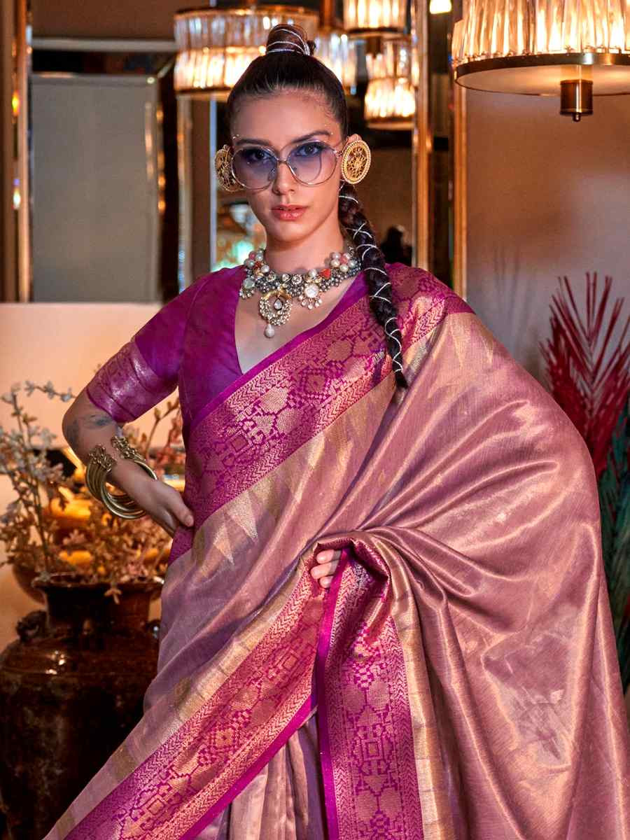 Pink Tissue Handwoven Festival Wedding Heavy Border Saree