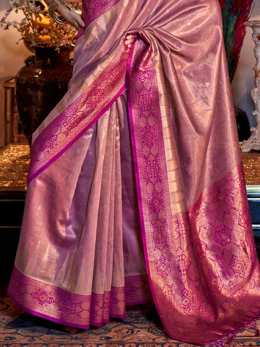 Pink Tissue Handwoven Festival Wedding Heavy Border Saree