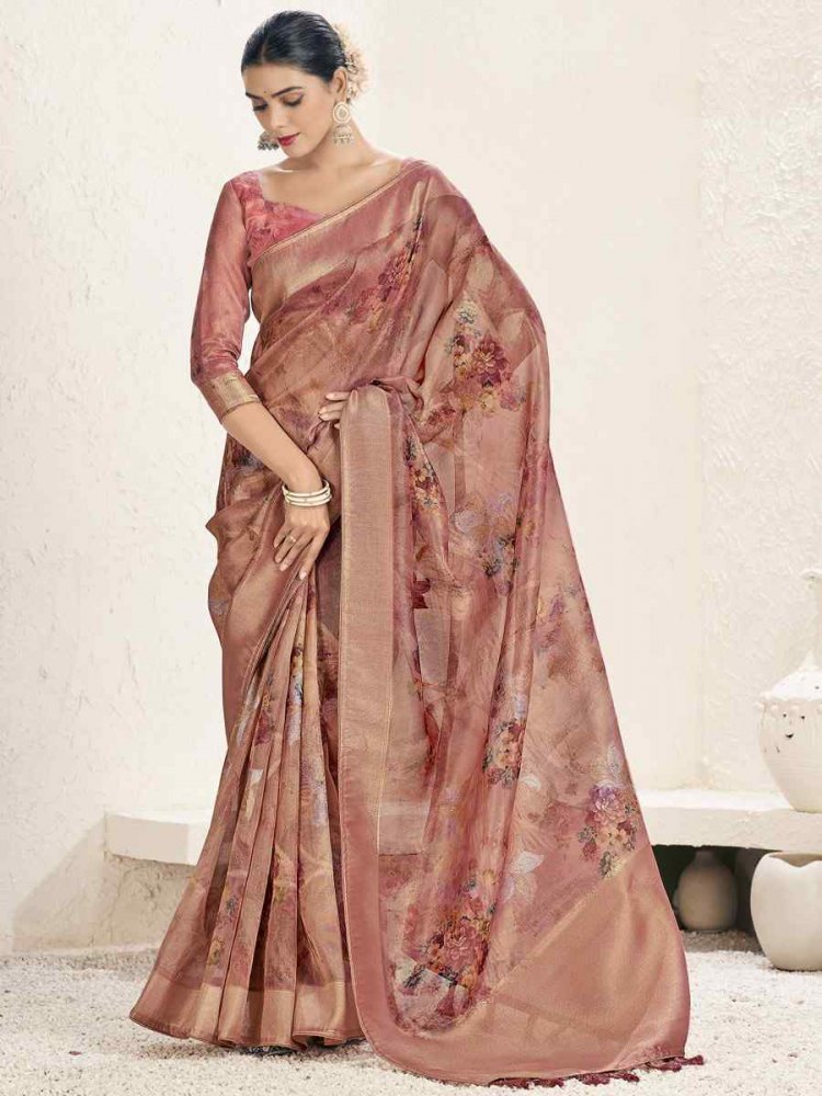 Pink Tissue Organza Silk Handwoven Festival Wedding Heavy Border Saree