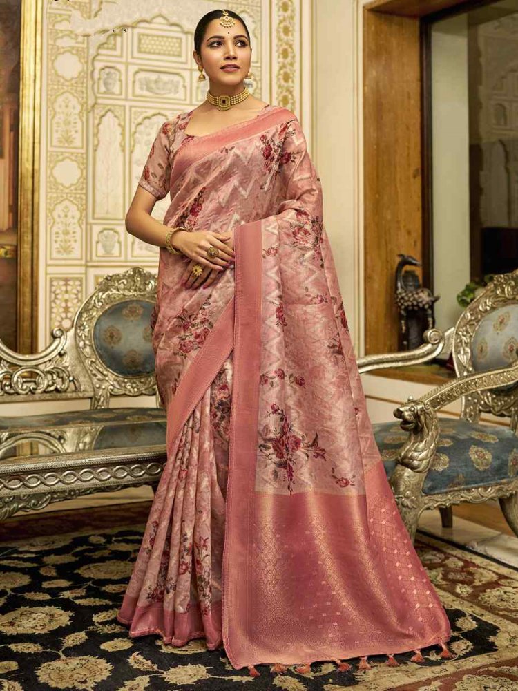 Pink Tissue Organza Silk Handwoven Festival Wedding Heavy Border Saree