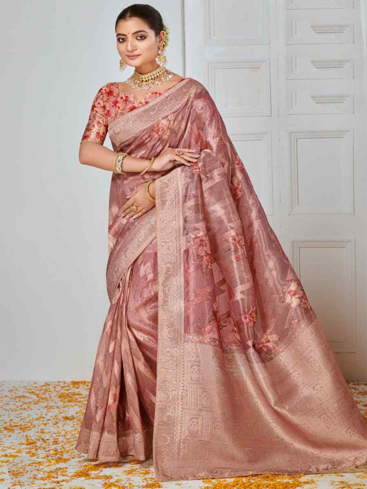 Pink Tissue Organza Silk Printed Festival Casual Classic Style Saree