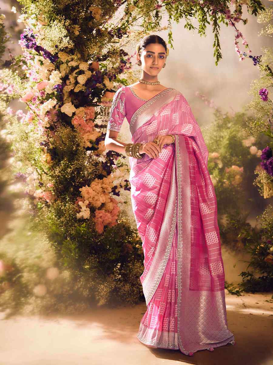 Pink Tissue Silk Embroidered Festival Wedding Heavy Border Saree