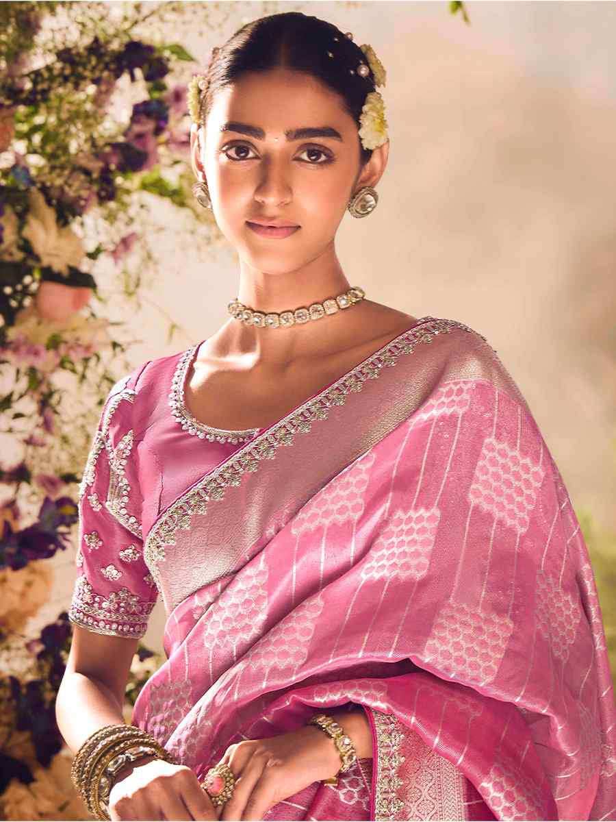 Pink Tissue Silk Embroidered Festival Wedding Heavy Border Saree