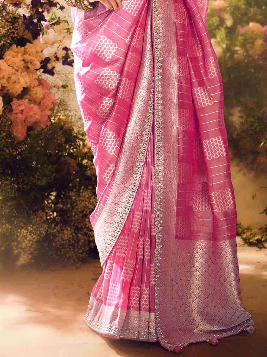 Pink Tissue Silk Embroidered Festival Wedding Heavy Border Saree