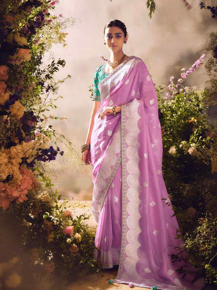 Pink Tissue Silk Embroidered Festival Wedding Heavy Border Saree