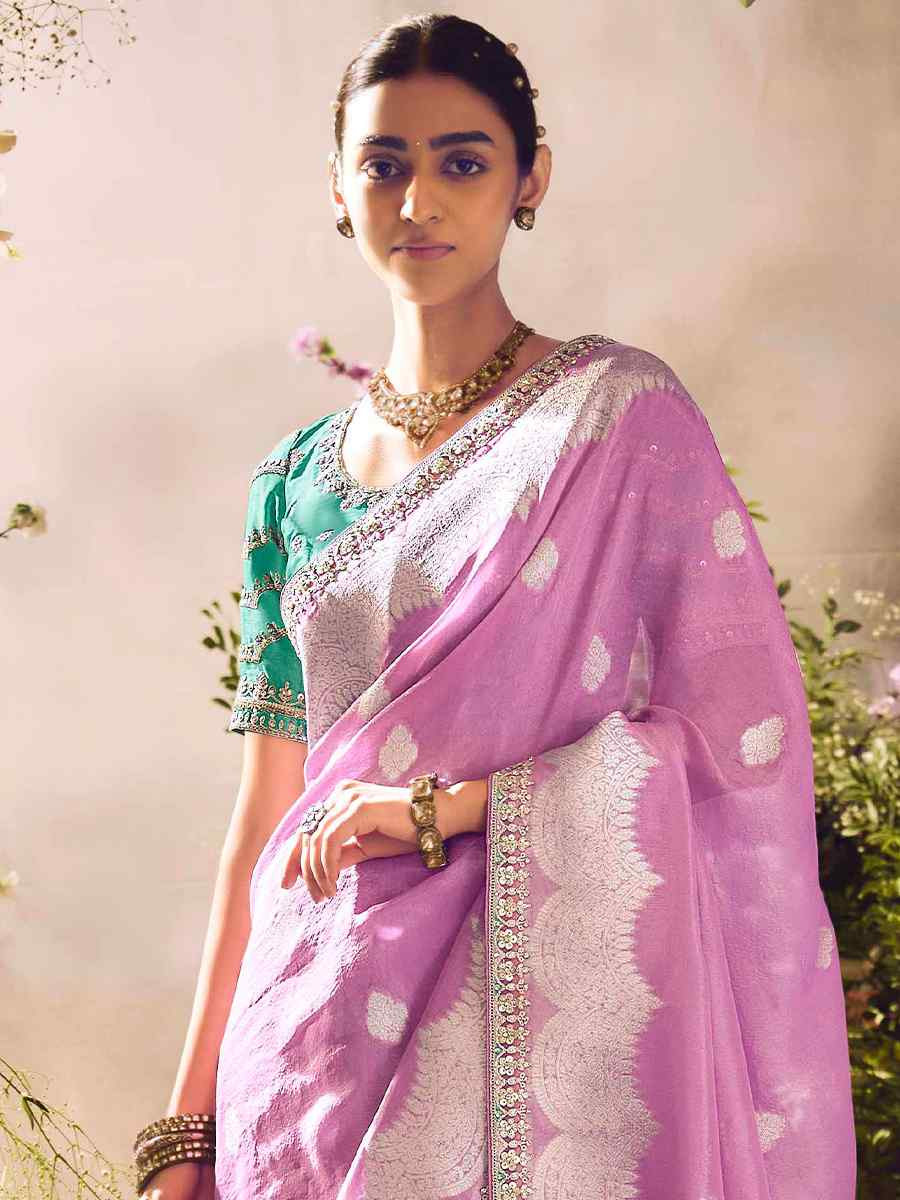 Pink Tissue Silk Embroidered Festival Wedding Heavy Border Saree