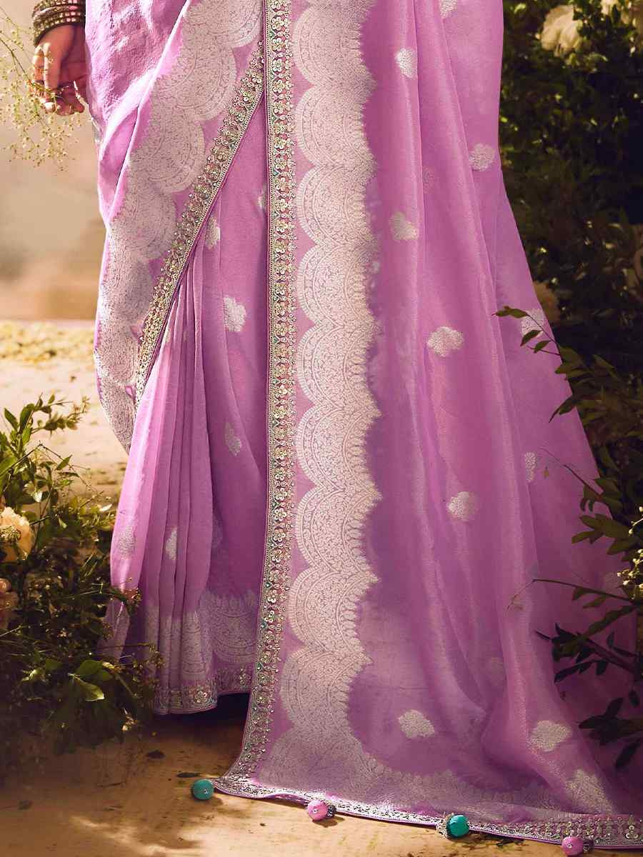 Pink Tissue Silk Embroidered Festival Wedding Heavy Border Saree