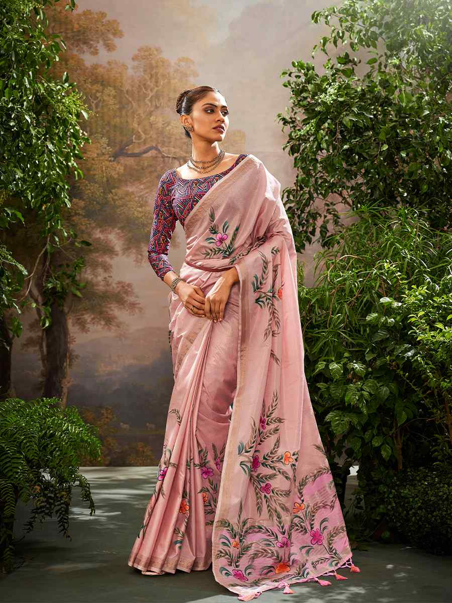 Pink Tissue Silk Handwoven Festival Casual Classic Style Saree