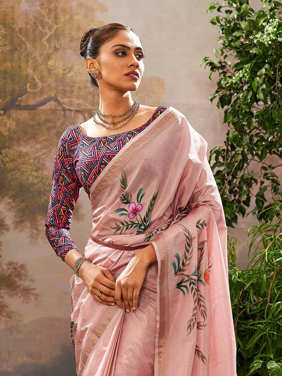 Pink Tissue Silk Handwoven Festival Casual Classic Style Saree