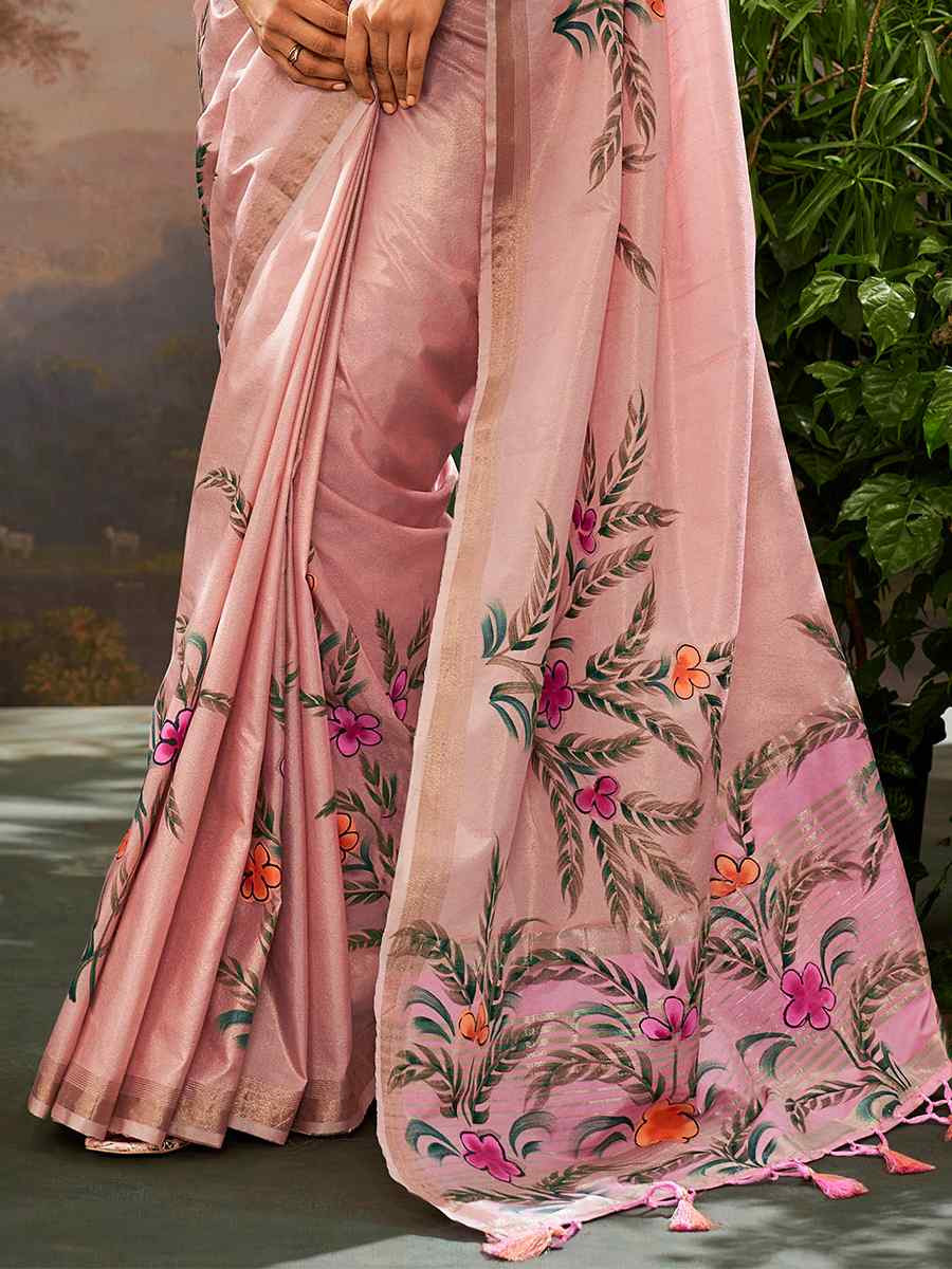 Pink Tissue Silk Handwoven Festival Casual Classic Style Saree