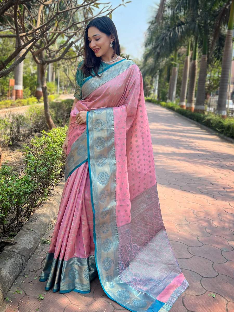 Pink Tissue Silk Handwoven Festival Wedding Heavy Border Saree