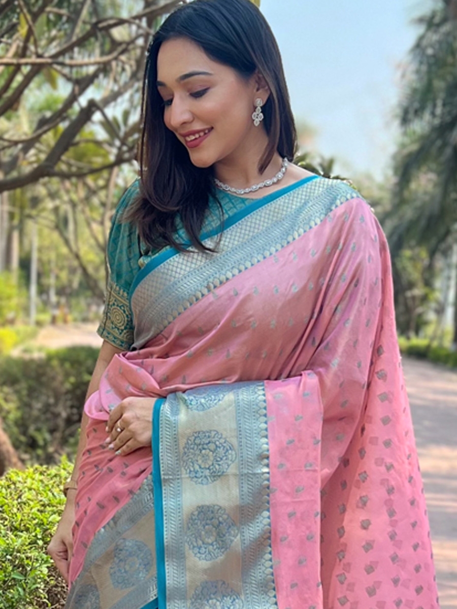 Pink Tissue Silk Handwoven Festival Wedding Heavy Border Saree