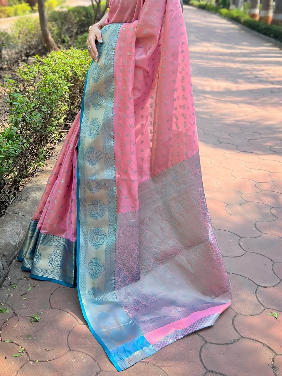 Pink Tissue Silk Handwoven Festival Wedding Heavy Border Saree