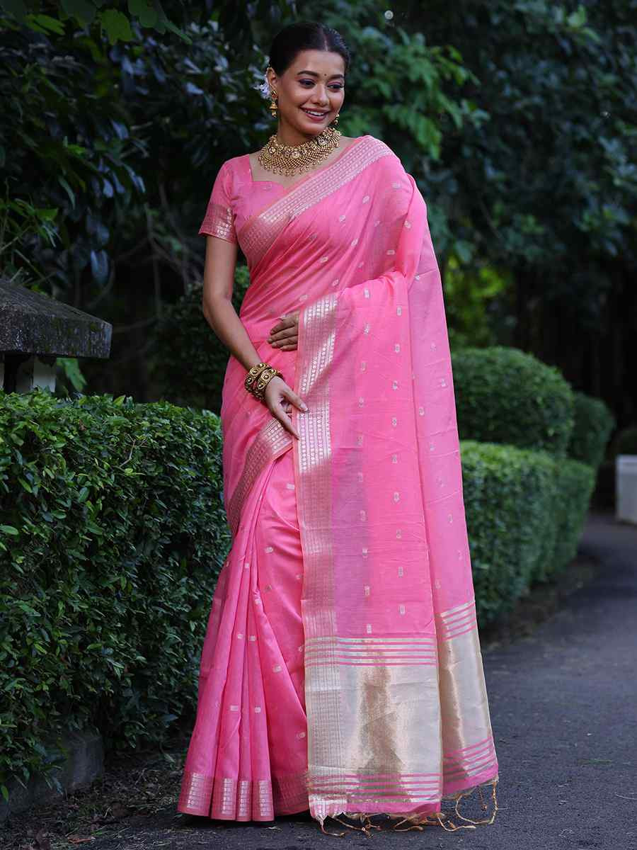 Pink Tissue Silk Handwoven Festival Wedding Heavy Border Saree