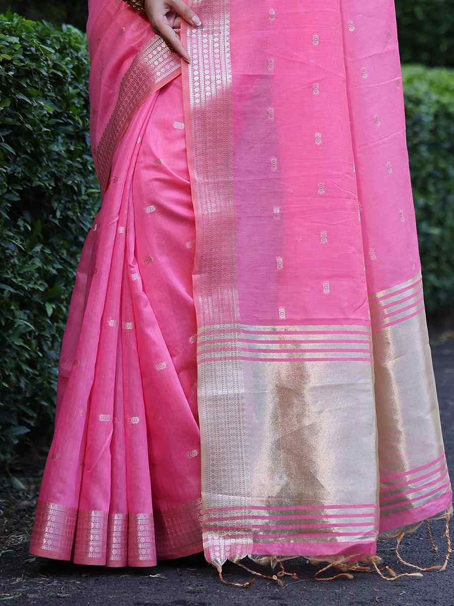 Pink Tissue Silk Handwoven Festival Wedding Heavy Border Saree