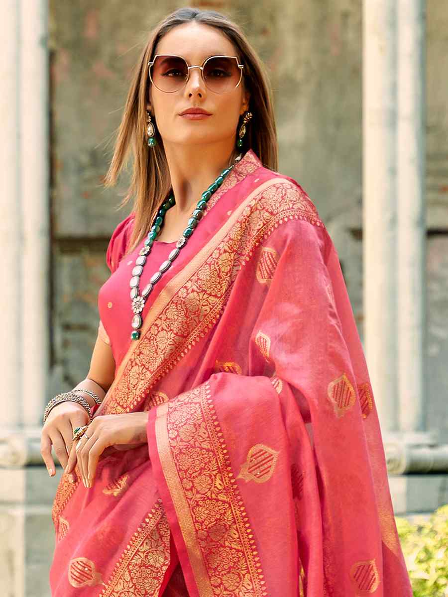 Pink Tissue Silk Handwoven Wedding Festival Heavy Border Saree