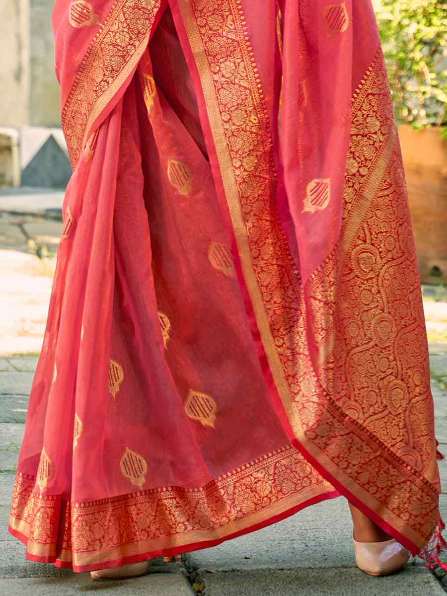 Pink Tissue Silk Handwoven Wedding Festival Heavy Border Saree