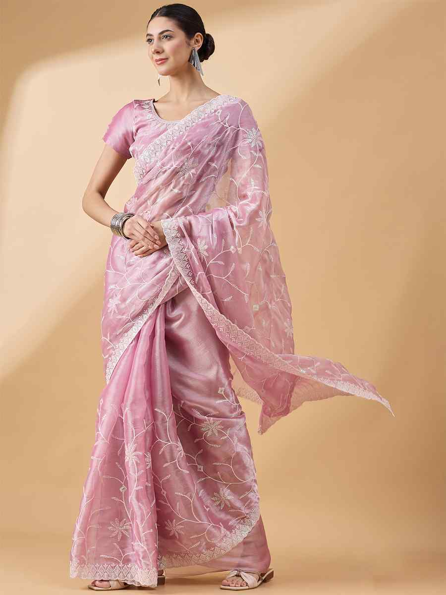 Pink Tissue Slub Handwoven Wedding Festival Heavy Border Saree