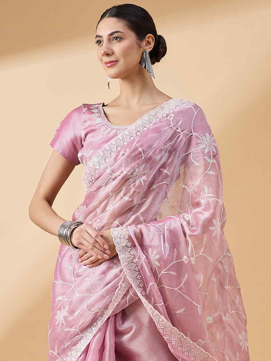 Pink Tissue Slub Handwoven Wedding Festival Heavy Border Saree