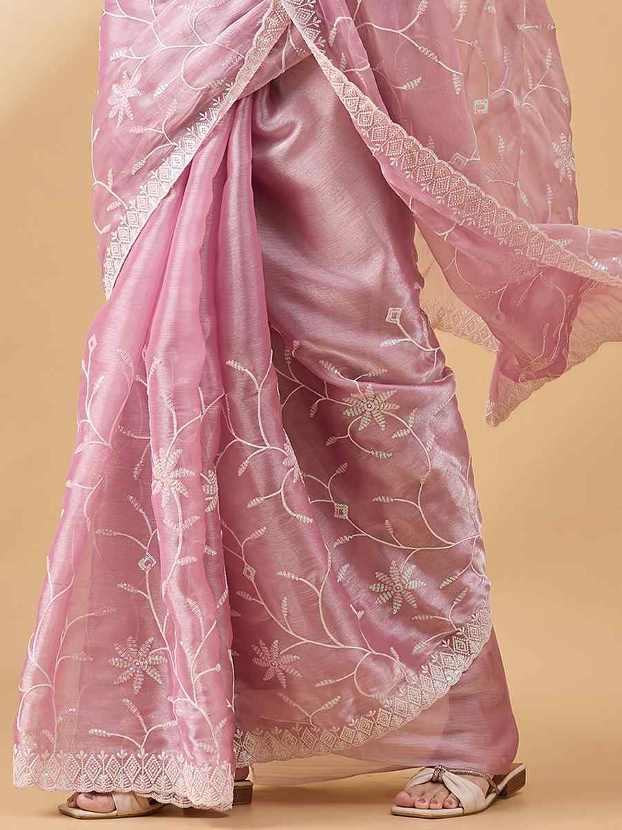 Pink Tissue Slub Handwoven Wedding Festival Heavy Border Saree