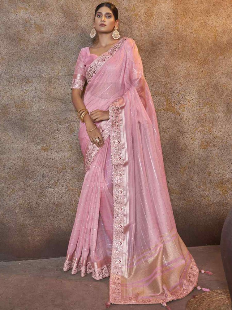 Pink Top Dyed Silk Embroidered Wedding Festival Heavy Border Saree