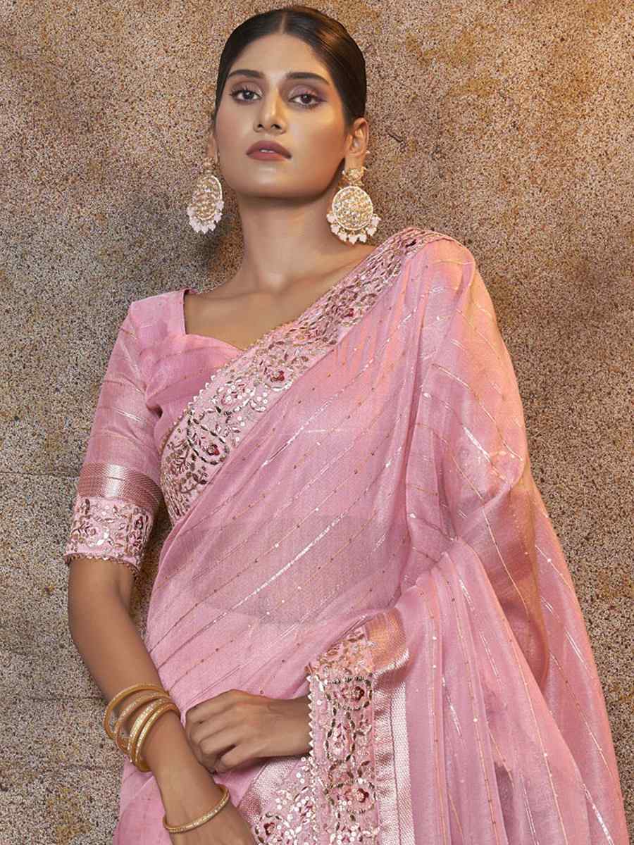 Pink Top Dyed Silk Embroidered Wedding Festival Heavy Border Saree