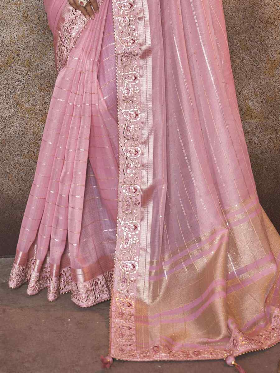 Pink Top Dyed Silk Embroidered Wedding Festival Heavy Border Saree