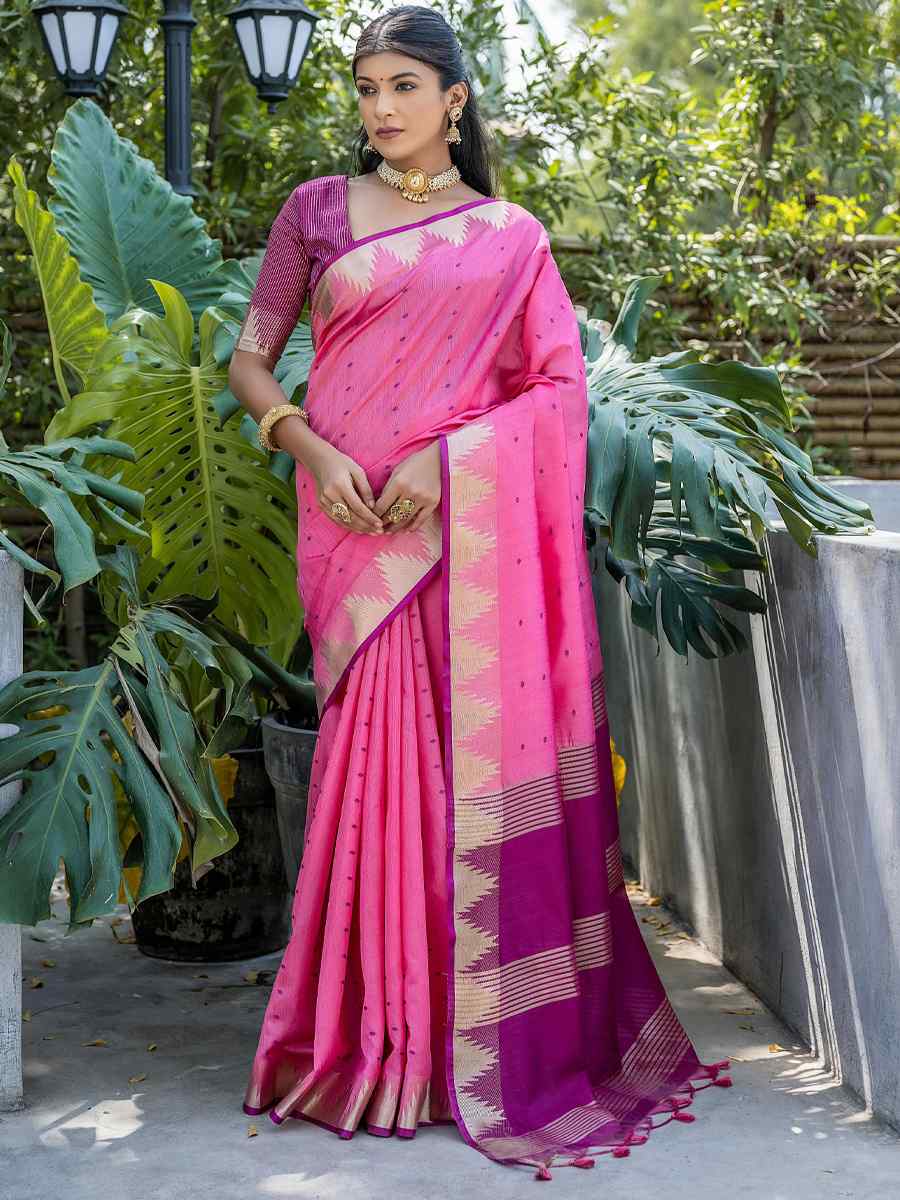 Pink Tussar Silk Handwoven Festival Casual Classic Style Saree