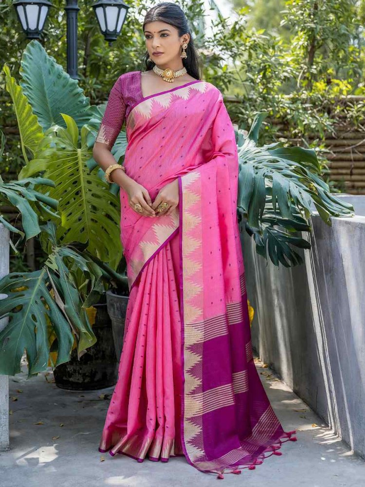 Pink Tussar Silk Handwoven Festival Casual Classic Style Saree