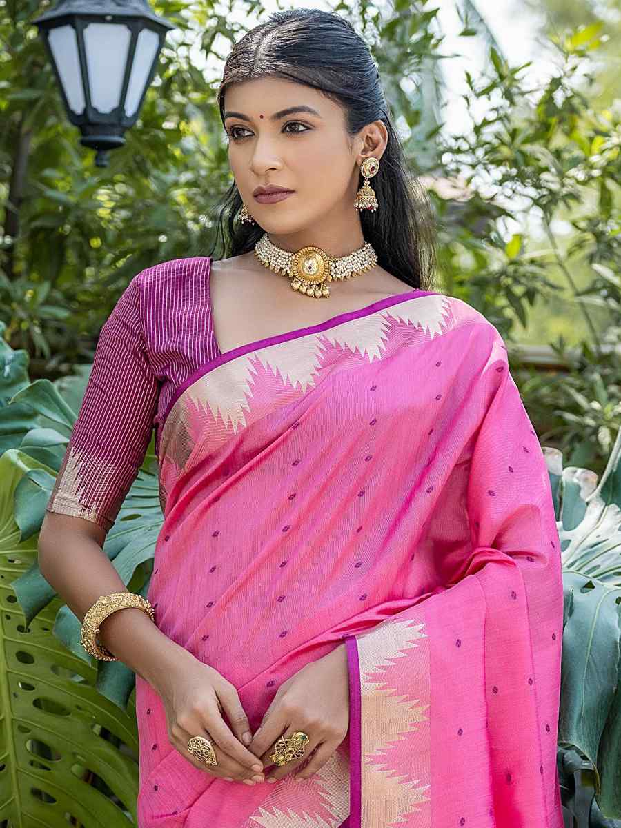 Pink Tussar Silk Handwoven Festival Casual Classic Style Saree