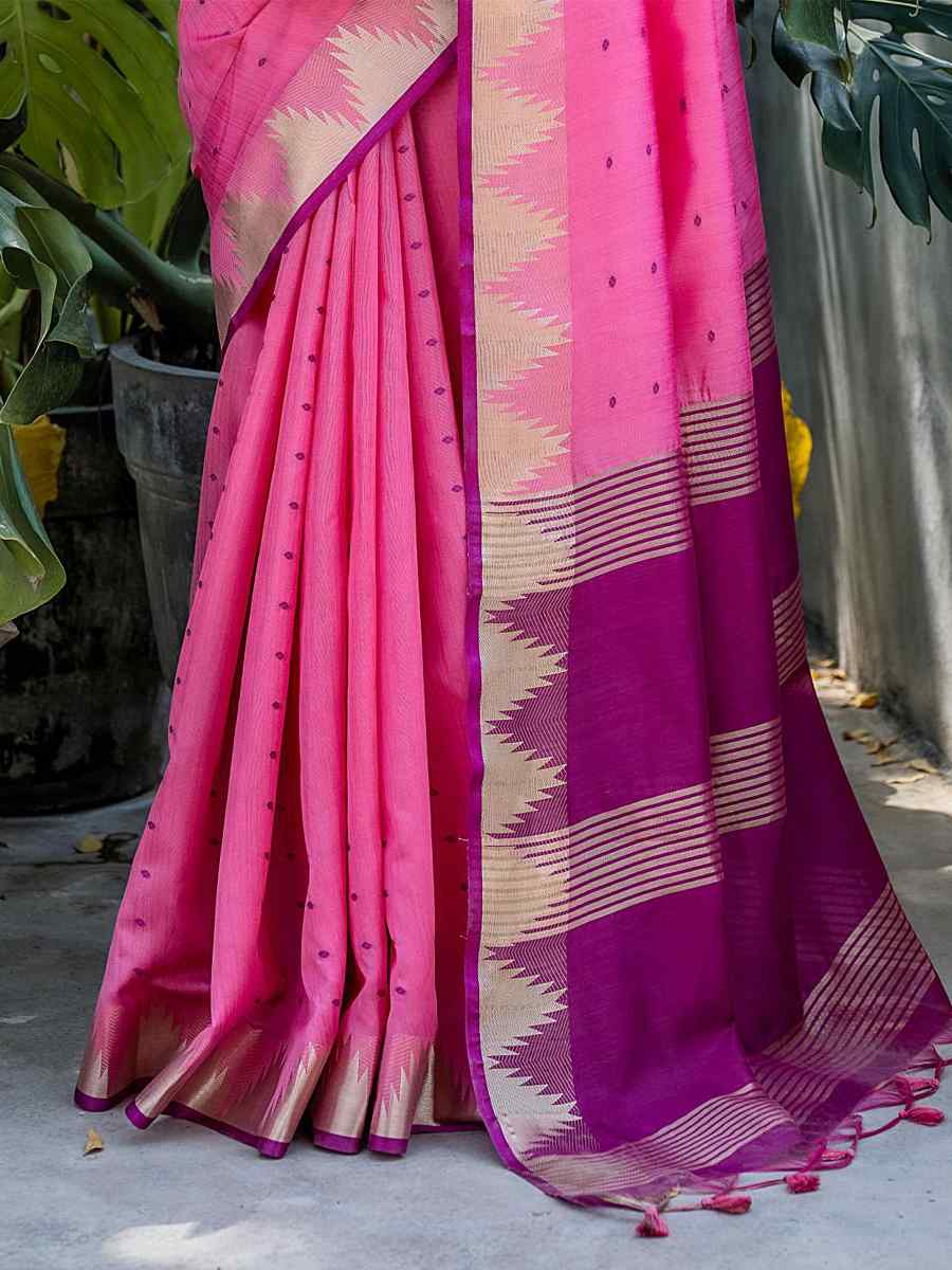 Pink Tussar Silk Handwoven Festival Casual Classic Style Saree