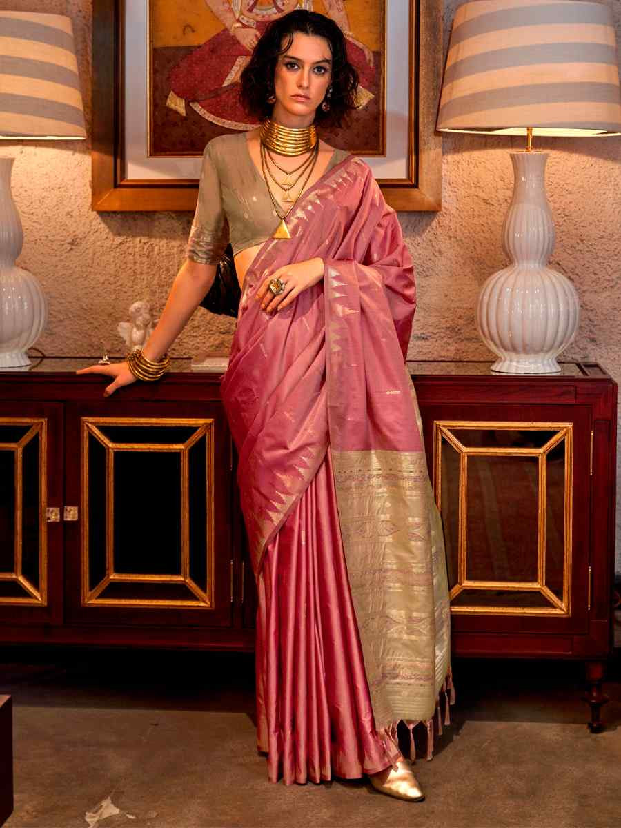 Pink Tussar Silk Handwoven Festival Casual Heavy Border Saree