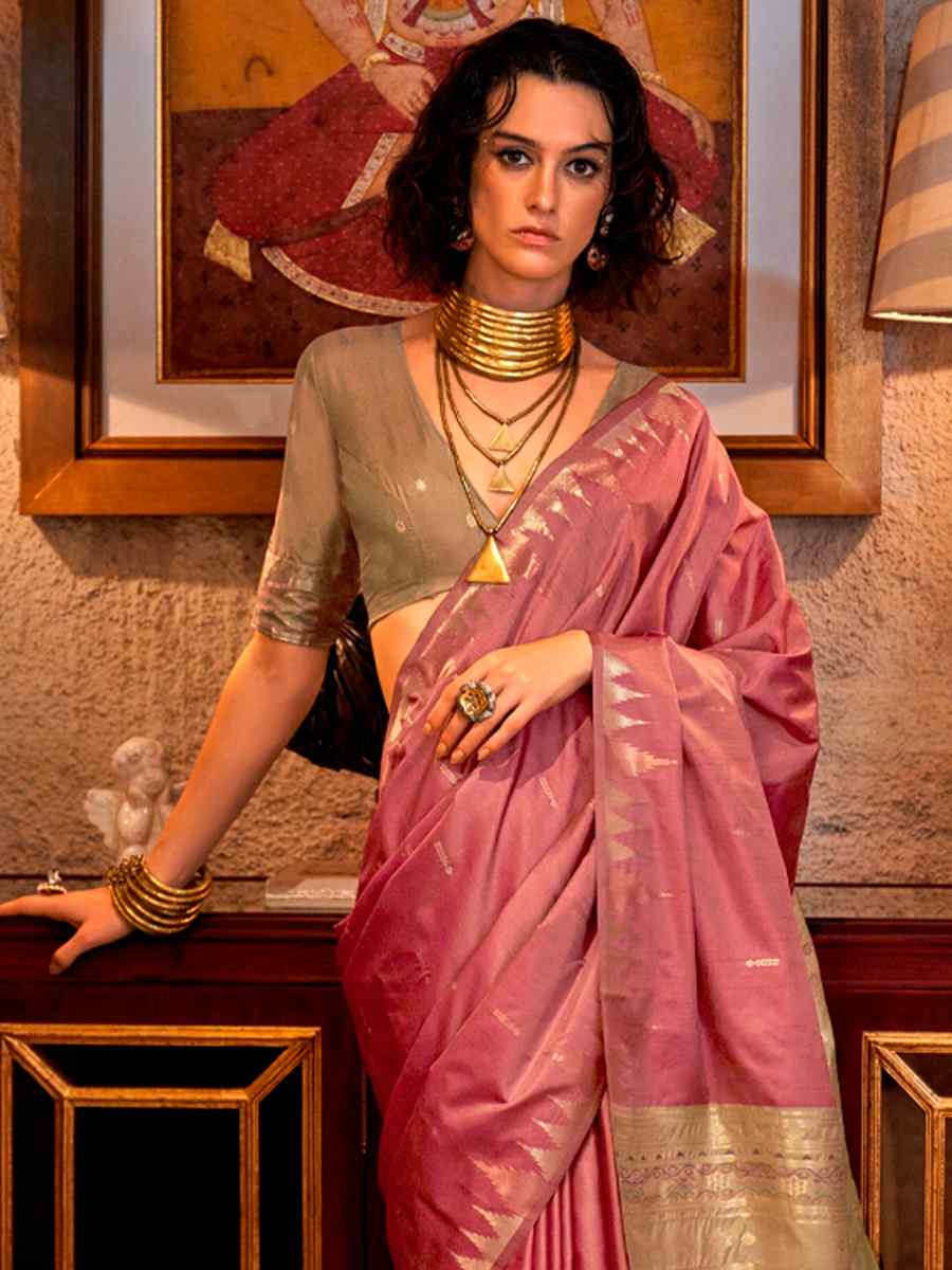 Pink Tussar Silk Handwoven Festival Casual Heavy Border Saree