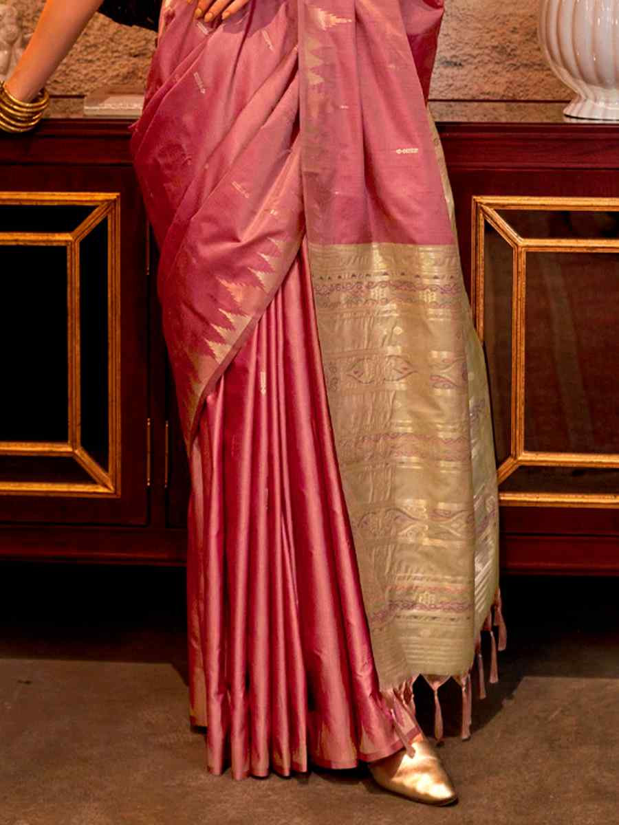 Pink Tussar Silk Handwoven Festival Casual Heavy Border Saree