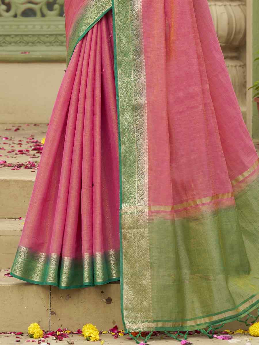 Pink Tussar Silk Handwoven Wedding Festival Heavy Border Saree