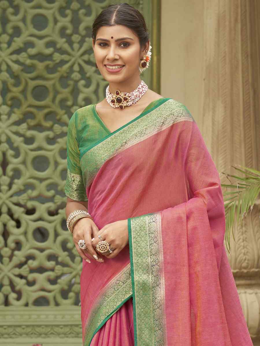 Pink Tussar Silk Handwoven Wedding Festival Heavy Border Saree