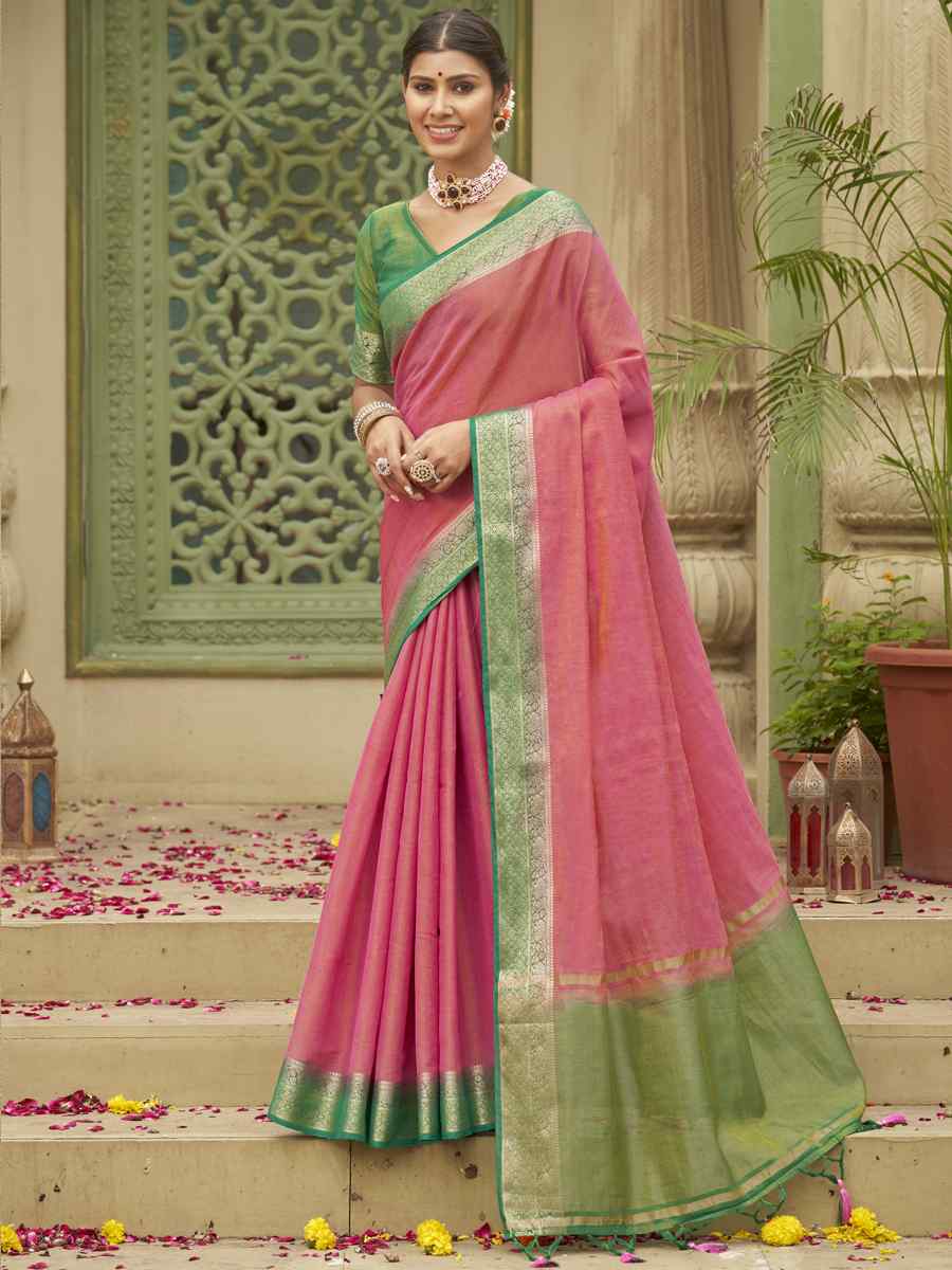 Pink Tussar Silk Handwoven Wedding Festival Heavy Border Saree