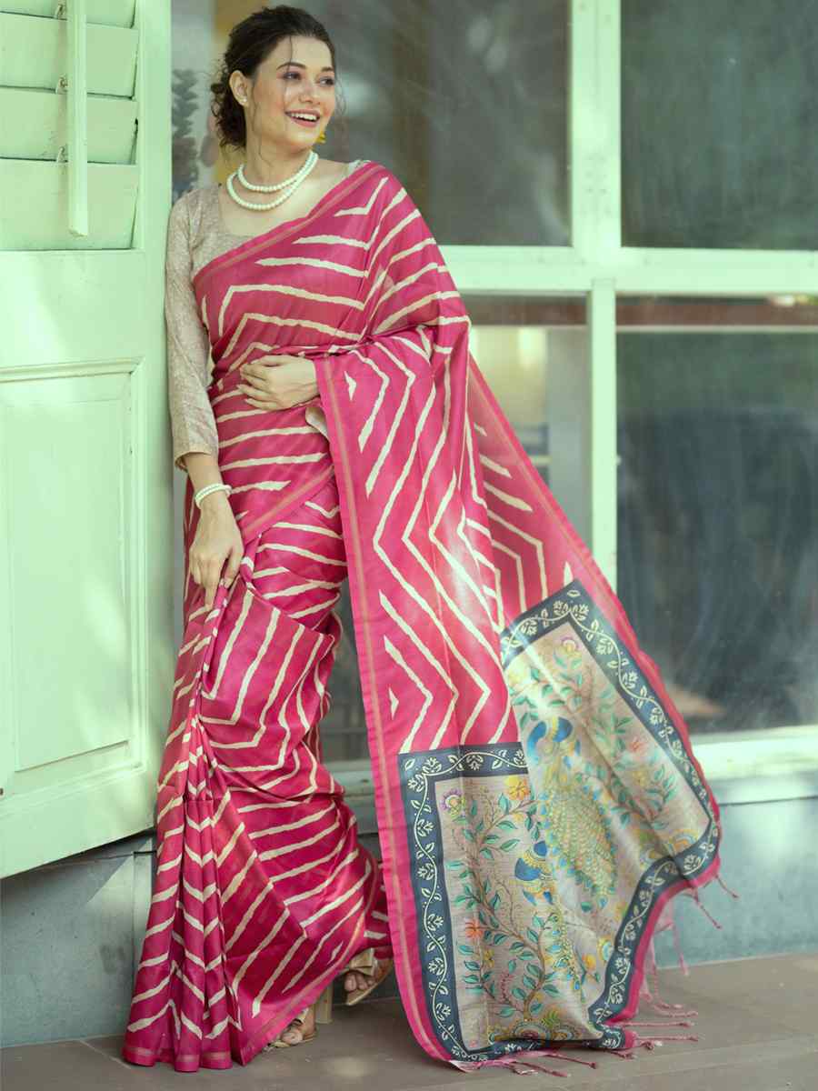 Pink Tussar Silk Printed Casual Festival Contemporary Saree