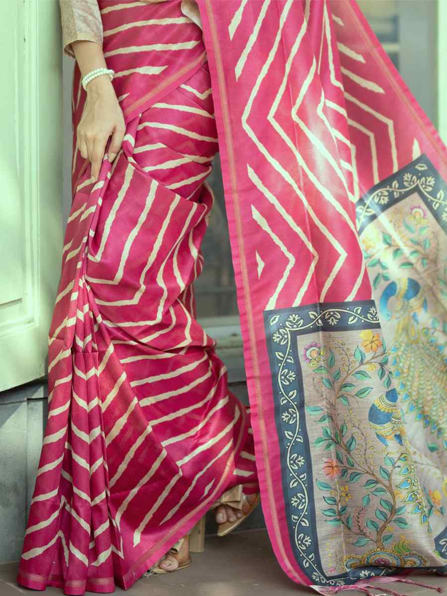 Pink Tussar Silk Printed Casual Festival Contemporary Saree